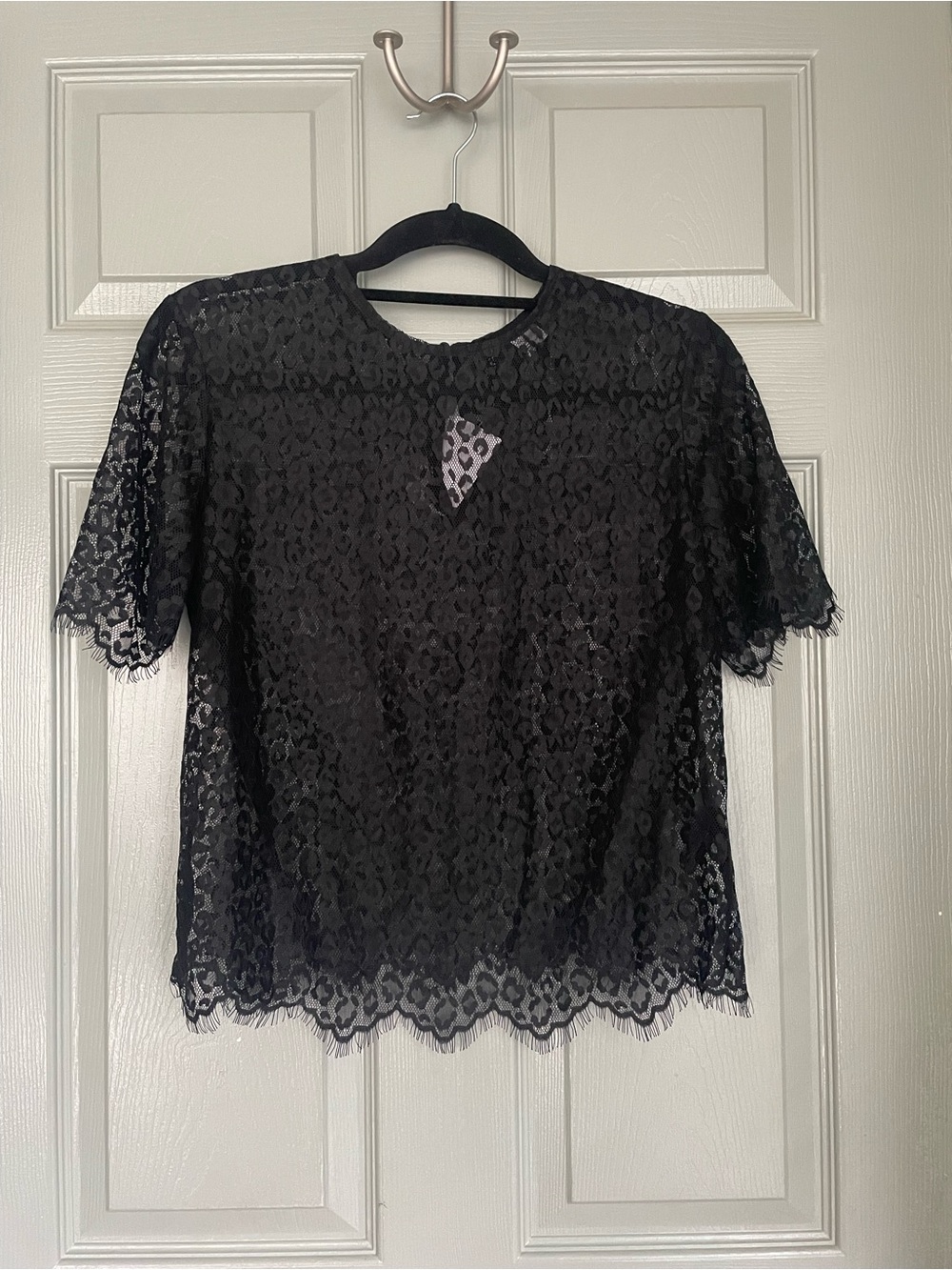 HM Divided Black Lace Short Sleeve Top Blouse Sheer Shirt